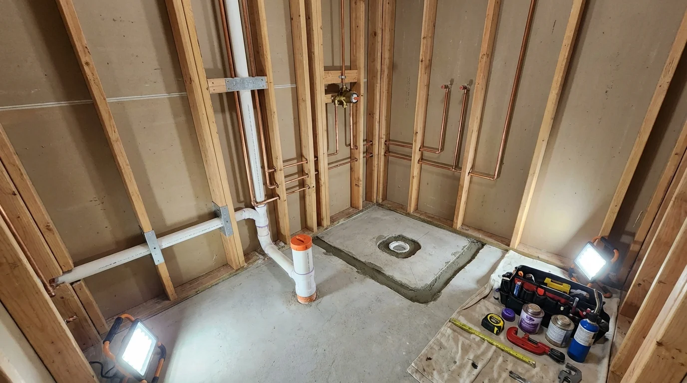 Bathroom rough-in plumbing during remodel by Johns Plumbing LLC in Buckley