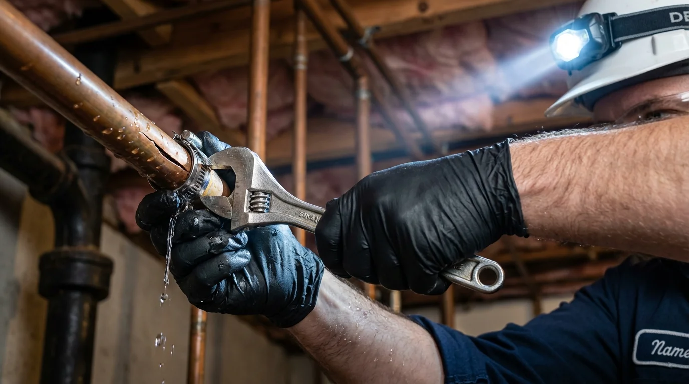 Emergency pipe clamp repair being performed by a Johns Plumbing LLC plumber in Buckley