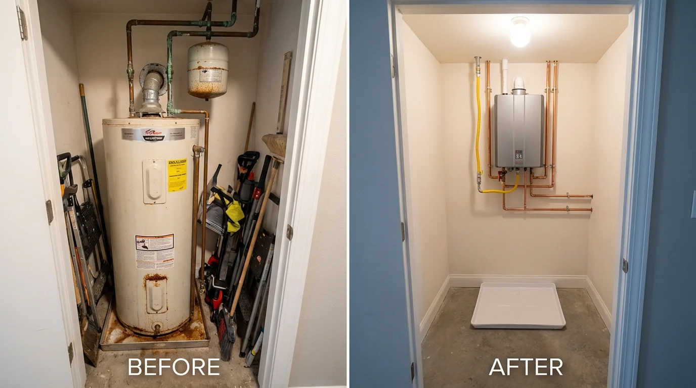 Tank water heater versus wall-mounted tankless unit comparison for Buckley, WA homeowners
