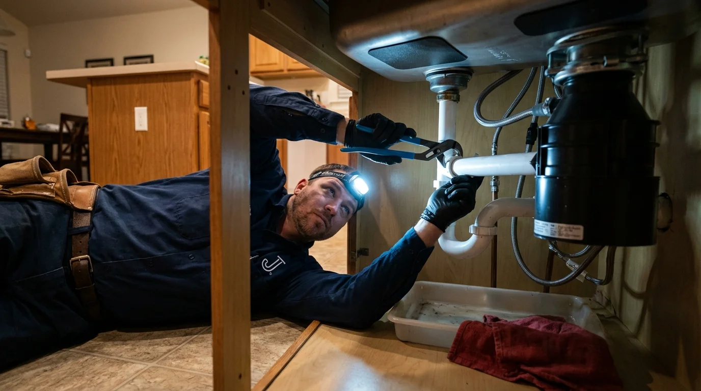 P-trap and supply line connections under a kitchen sink showing a common leak point in Buckley, WA